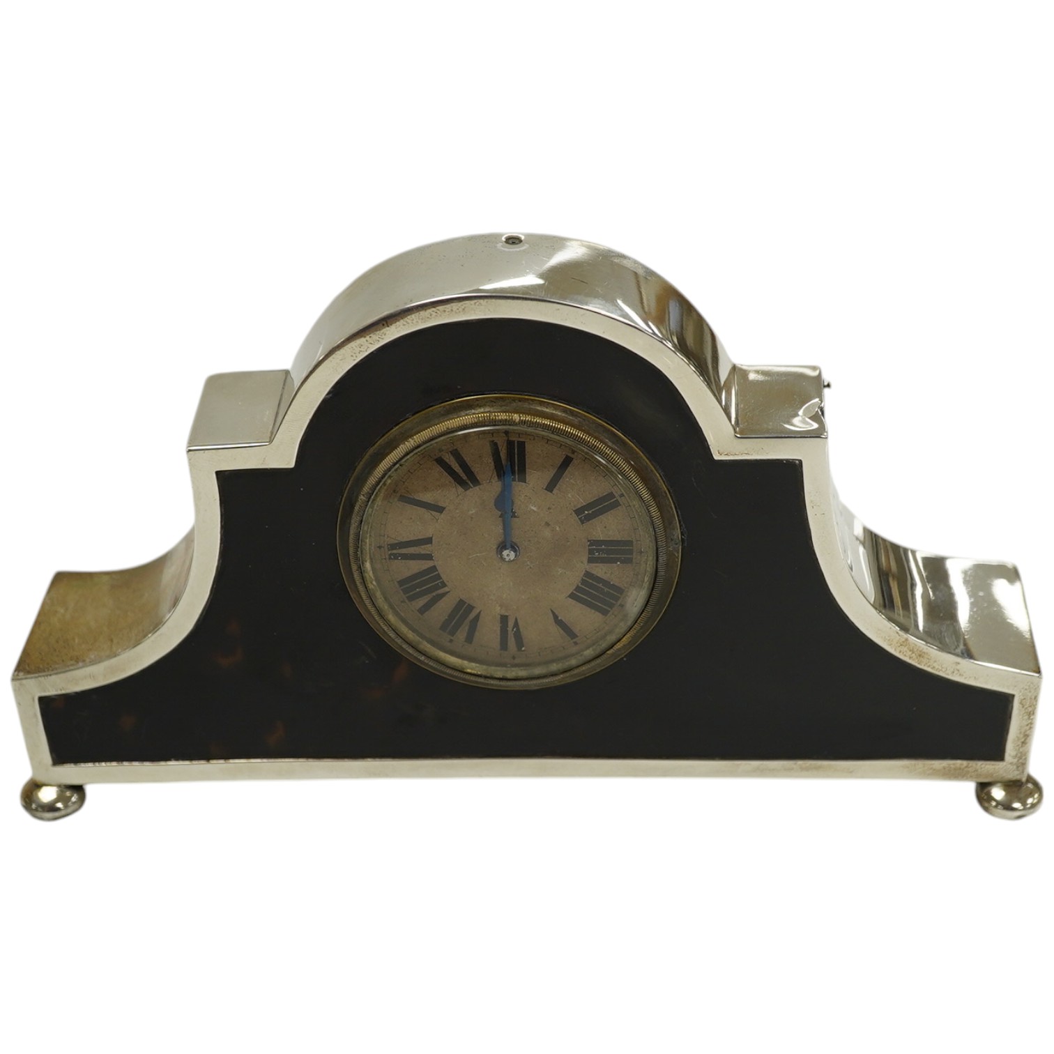 A George V silver and tortoiseshell mounted mantel timepiece, on bun feet, Horton & Allday, Birmingham, 1920, 20.6cm width. Condition - fair to good (not currently running).